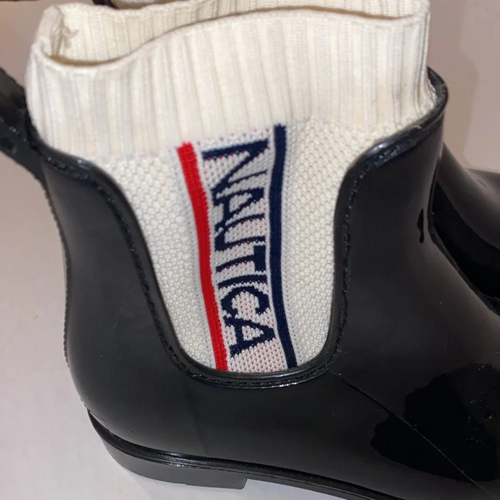 Nautica Women’s Black Rain Boots with Red White & Blue Logo on each Boot Size 7